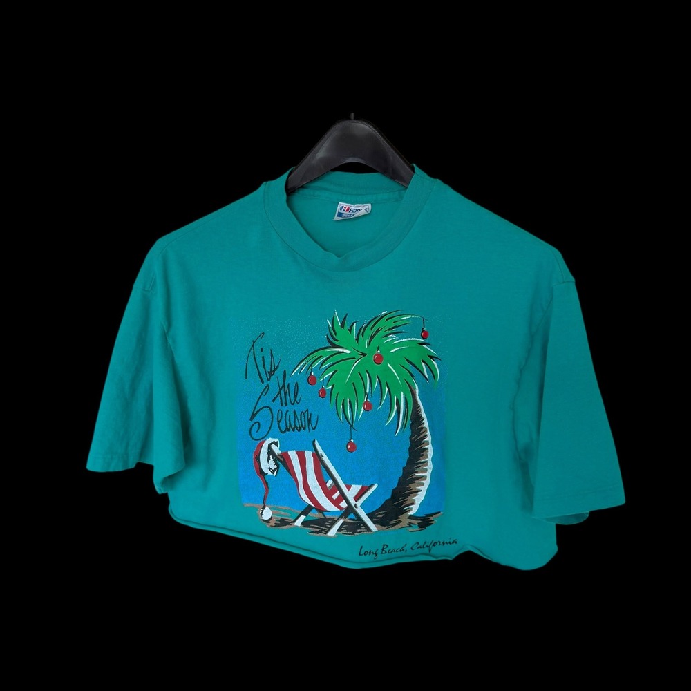 80's Long Beach California Christmas Crop Top Teal XL‎ Raw Hem Distressed Teal
